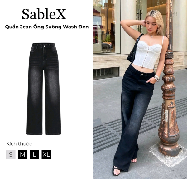 Quần Jean Ống Rộng 25cm Wash đùi SableX màu đen Phù Hợp Cho Nam Và Nữ