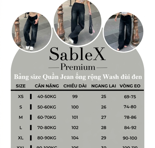 Quần Jean Ống Rộng 25cm Wash đùi SableX màu đen Phù Hợp Cho Nam Và Nữ